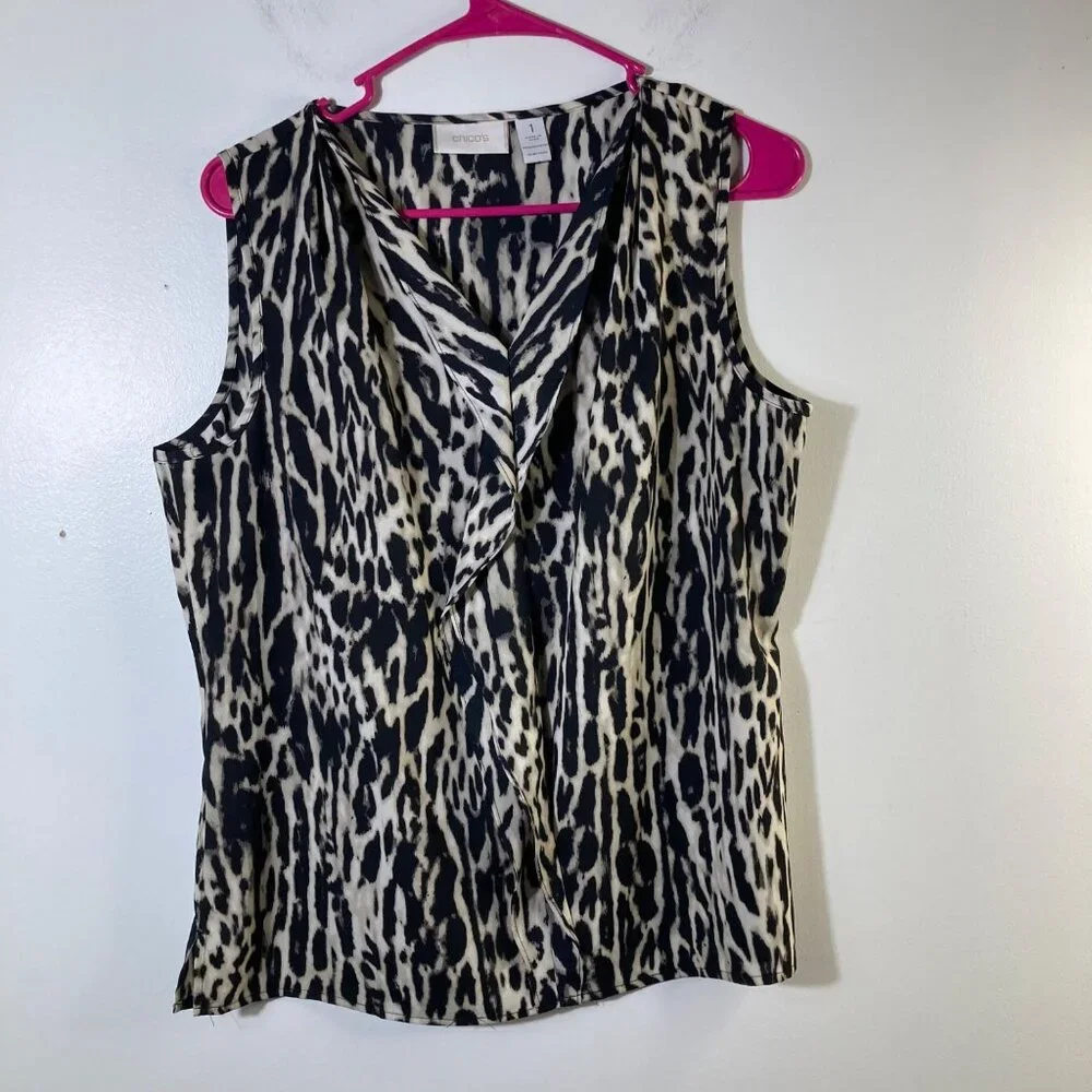 Womens Chicos Silky Feel‎ Animal Print Ruffle Front Blouse Tan Black M Polyester